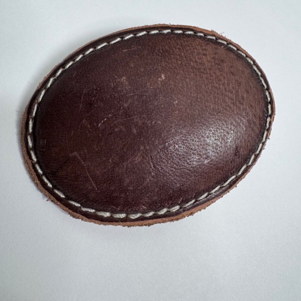 3.25" Dark Brown oval leather belt buckle contrast stitching western boho buckle